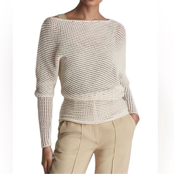 Reiss Cream Lulu Open Stitch Dolman Sleeve Cotton Sweater Draped Asymmetric XS - Picture 1 of 16